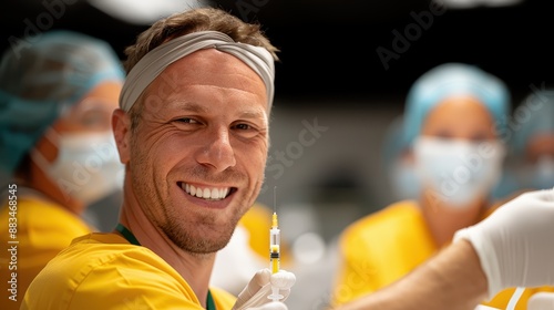 A cheerful doctor, holding a syringe and preparing for an injection, smiles warmly. The image captures the warmth, trust, and expertise of medical professionals. photo