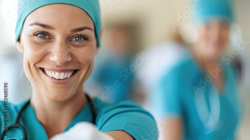 A smiling surgeon in an operating room wears a surgical cap and scrubs, ready for surgery. The image emphasizes expertise, preparedness, and compassionate healthcare services. photo