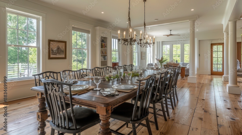 Fototapeta premium suburban farmhouse with a large, formal dining room, perfect for hosting dinner parties and special occasions