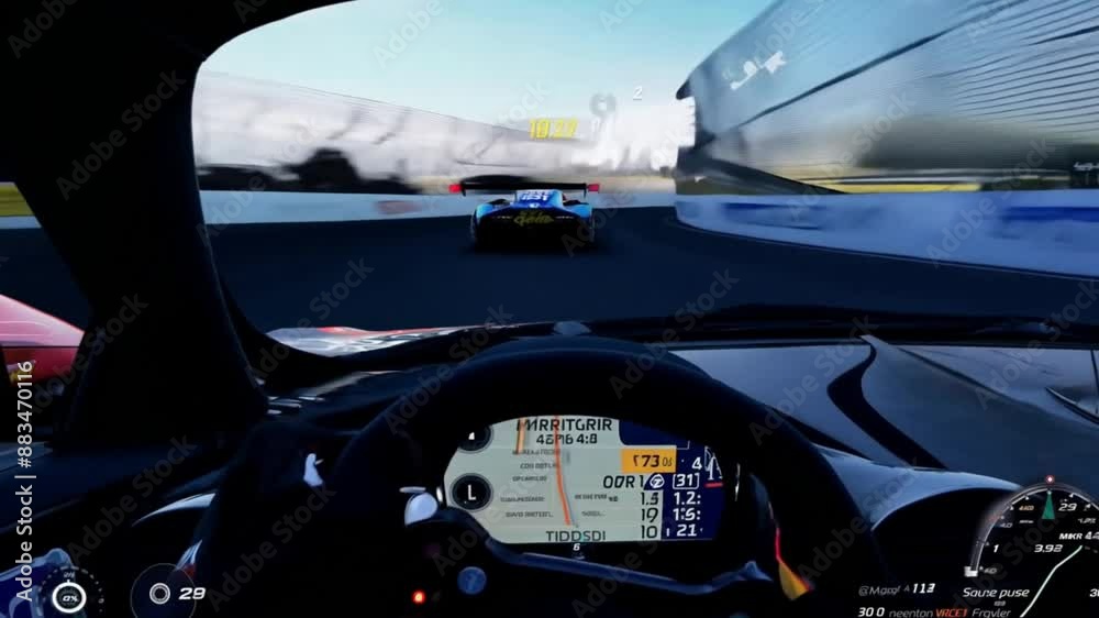 Gameplay of a Racing Simulator Video Game with Interface. Computer Generated 3D Car Driving Fast and Drifting on a Night Speedway in a Modern City. VFX Animation. Third-Person View. Gameplay of a Racing Simulator Video Game with Interface. Computer Generated 3D Car Driving Fast and Drifting on a Night Speedway in a Modern City. VFX Animation. Third-Person View.