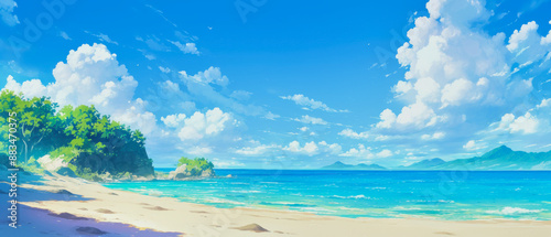 anime illustration with a tropical beach background