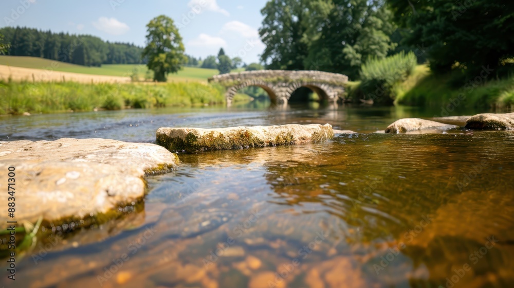 A shallow stream with stepping stones leads to an ancient stone bridge, surrounded by open fields and greenery under a clear blue sky on a sunny day.