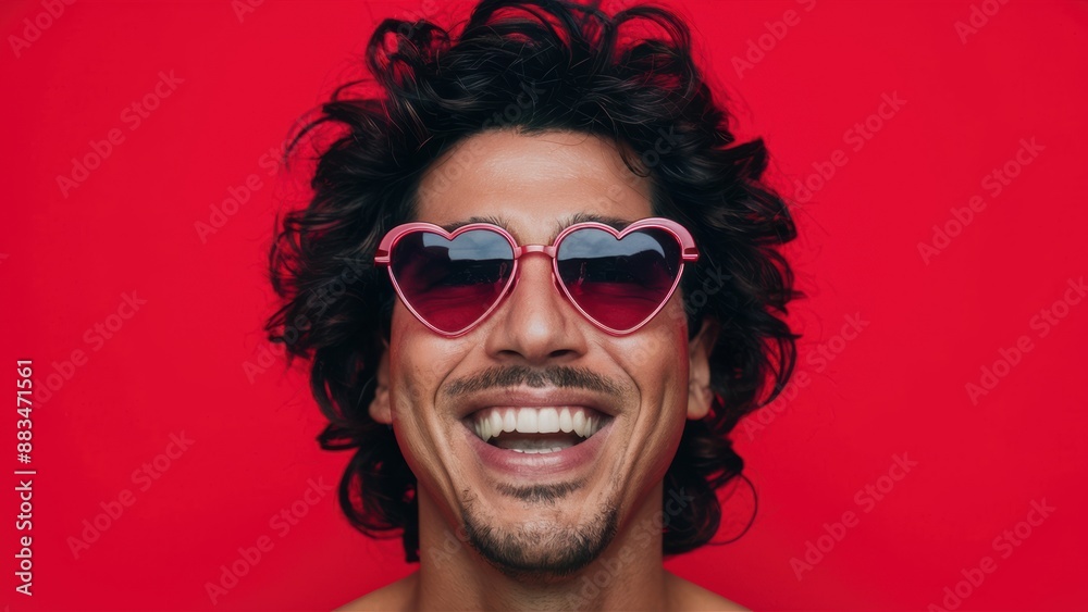 A man with curly hair wearing a pair of heart shaped sunglasses, AI A man with curly hair wearing a pair of heart shaped sunglasses, AI