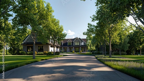 suburban farmhouse with a custom-built tree-lined driveway, providing a majestic approach to the home © Abdul