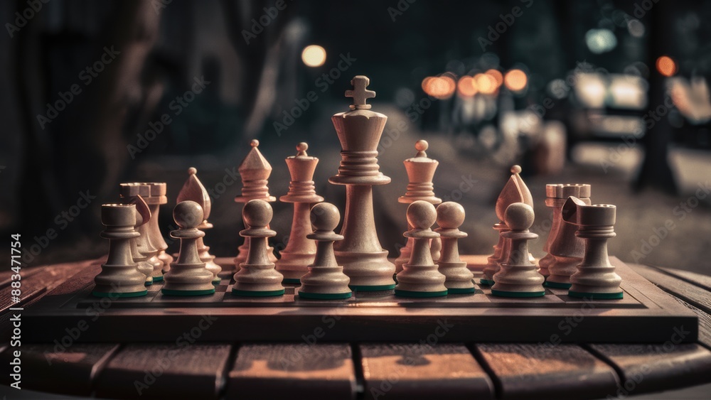 A close up of a chess board with many pieces on it, AI A close up of a chess board with many pieces on it, AI