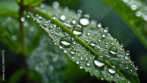 Leaves with drops of water falling from natural phenomena that occur in the morning. Relaxation nature concept