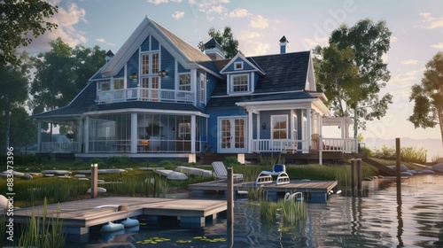 suburban farmhouse with a blue and white exterior, nautical-themed decor, and a boat dock if near water