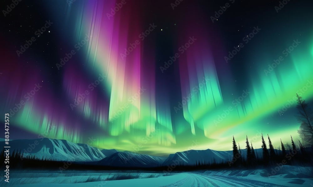 Beautiful aurora borealis northern lights in the sky over mountains Beautiful aurora borealis northern lights in the sky over mountains