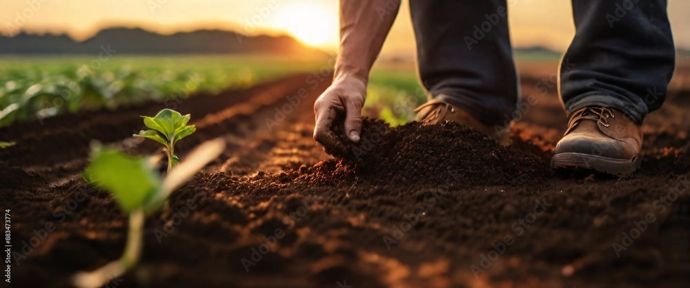 Expert hand of farmer checking soil health before growth a seed of vegetable or plant seedling, Business or ecology concept, analyze complex data sets in real-time, with a digital interface overlaid o Expert hand of farmer checking soil health before growth a seed of vegetable or plant seedling, Business or ecology concept, analyze complex data sets in real-time, with a digital interface overlaid o