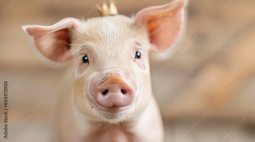 A cute piglet wearing a small crown poses in an endearing manner, capturing a heartwarming image with a blurred, rustic background, evoking joy and tenderness. A cute piglet wearing a small crown poses in an endearing manner, capturing a heartwarming image with a blurred, rustic background, evoking joy and tenderness.