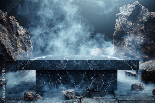 An empty black marble table podium situated on a polished black stone floor, surrounded by a dark room and enveloped in smoke. Generative AI photo