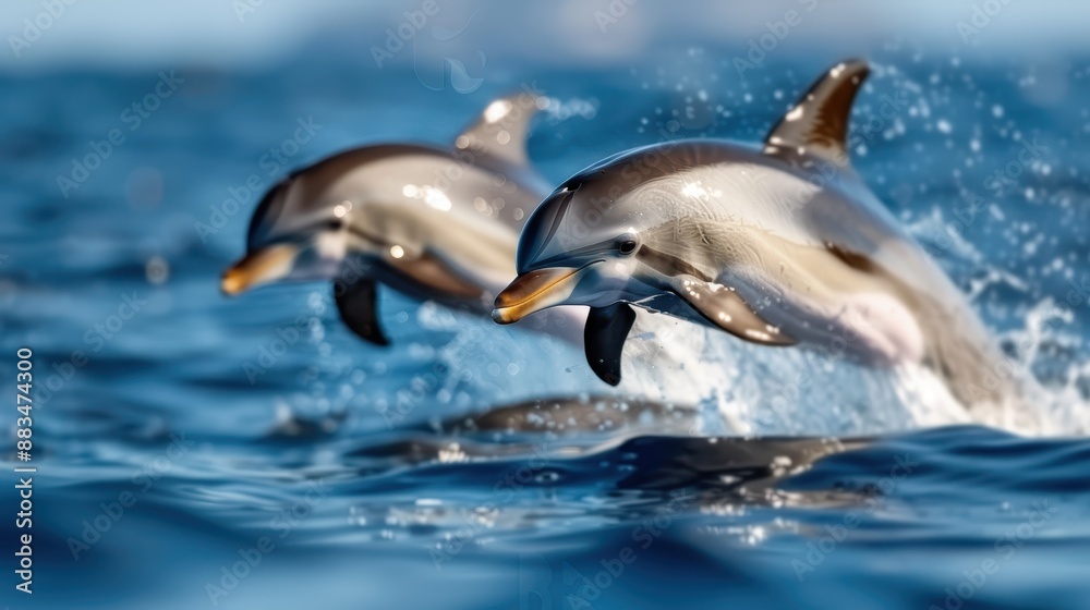 Fototapeta premium Two dolphins leap side by side in the open blue ocean waters, capturing their synchronized movements and the exhilarating beauty of marine life in full action.
