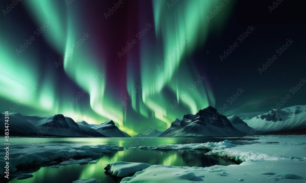 Naklejka premium Beautiful aurora borealis northern lights in the sky over mountains