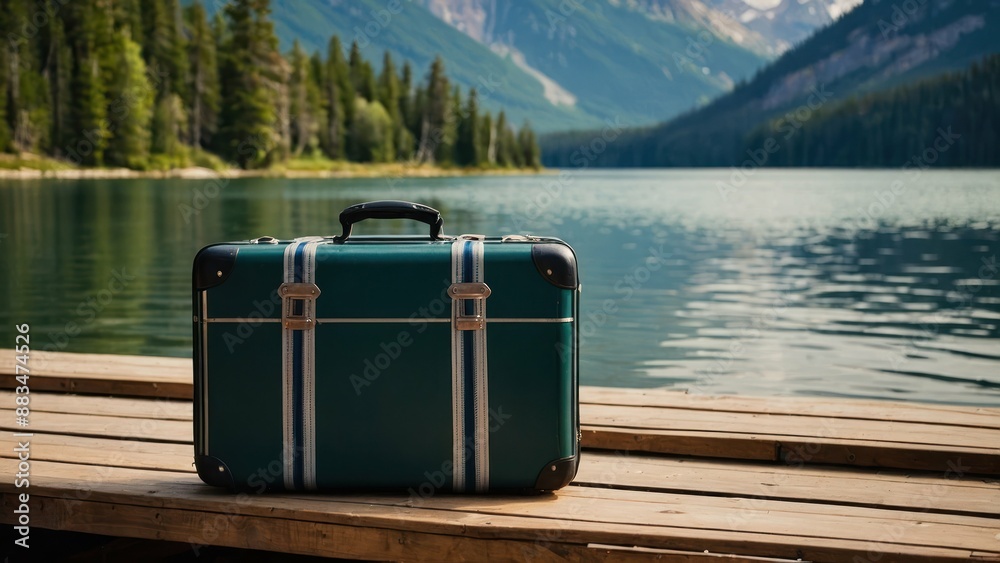 Suitcase on a wooden deck by a mountain lake, perfect for a tranquil nature getaway
