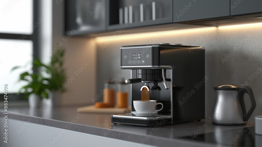 A modern espresso machine brewing coffee into a white cup in a contemporary kitchen setting with a kettle and some jars in the background. A modern espresso machine brewing coffee into a white cup in a contemporary kitchen setting with a kettle and some jars in the background.