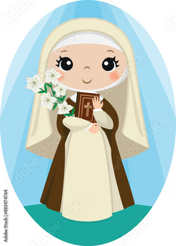 Illustration of Saint Catherine of Sienna woman with lilacs and bible, Saint of Italy, religious images
