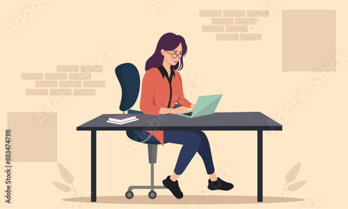 Illustration: Girl Standing on a Chair Working at a Desk with Laptop, quarter view