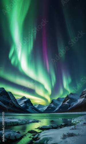 Beautiful aurora borealis northern lights in the sky over mountains