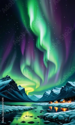 Beautiful aurora borealis northern lights in the sky over mountains