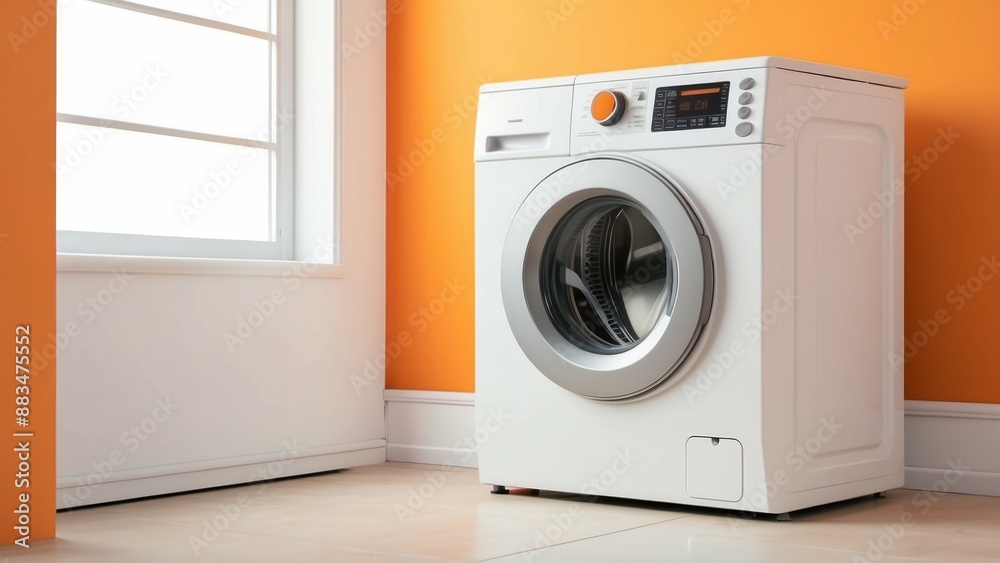 Modern front loading washing machine against an orange background, ideal for clean laundry concepts Modern front loading washing machine against an orange background, ideal for clean laundry concepts