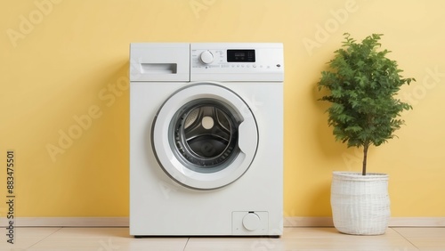 Washing machine with yellow background, modern and stylish concept of home appliance