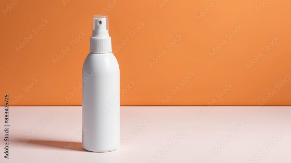 White cosmetic spray bottle on an orange background, perfect for branding or advertising White cosmetic spray bottle on an orange background, perfect for branding or advertising