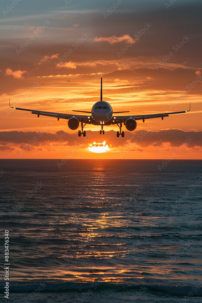 Airplane landing over ocean at sunset, creating a dramatic and serene travel scene. Airplane landing over ocean at sunset, creating a dramatic and serene travel scene.