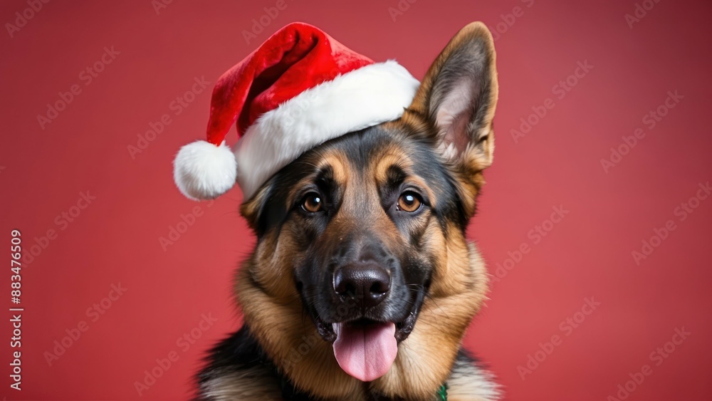 German Shepherd wearing Santa hat on red background, festive holiday portrait German Shepherd wearing Santa hat on red background, festive holiday portrait
