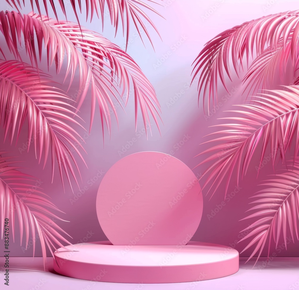 Pink minimal podium with palm leaves background for product display Pink minimal podium with palm leaves background for product display