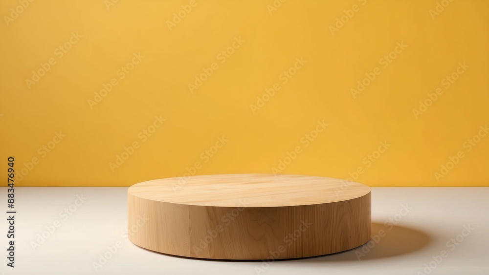 wooden circle podium pedestal on a yellow background, perfect for minimalist display wooden circle podium pedestal on a yellow background, perfect for minimalist display