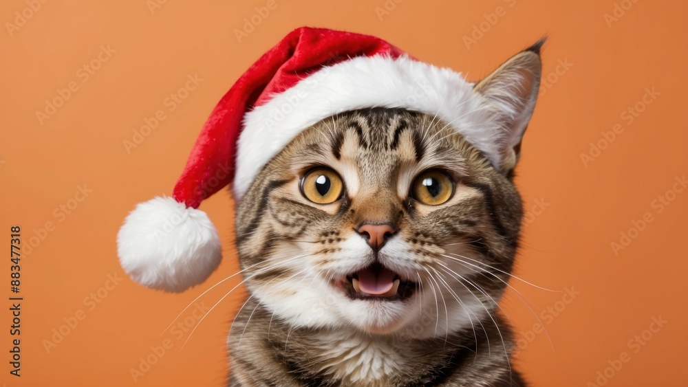 Adorable tabby cat in a Santa hat on an orange background, perfect for festive celebrations Adorable tabby cat in a Santa hat on an orange background, perfect for festive celebrations