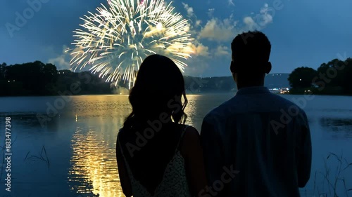 Young couple watching fireworks over lake at night, romantic rear view 4k video