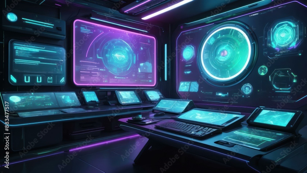 Scifi technology concept background with futuristic gadgets in a high tech control center Scifi technology concept background with futuristic gadgets in a high tech control center