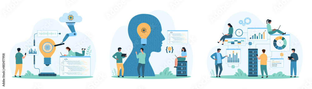 Data processing in computing system, engineering with AI set. Tiny people and cloud bot research light bulb with circuit and charts, coding with help of digital brain cartoon vector illustration Data processing in computing system, engineering with AI set. Tiny people and cloud bot research light bulb with circuit and charts, coding with help of digital brain cartoon vector illustration