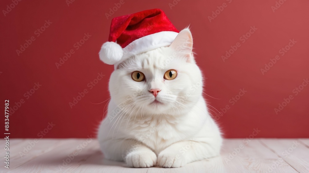 White cat wearing a Santa hat with a red background, perfect for Christmas themes and festive uses White cat wearing a Santa hat with a red background, perfect for Christmas themes and festive uses