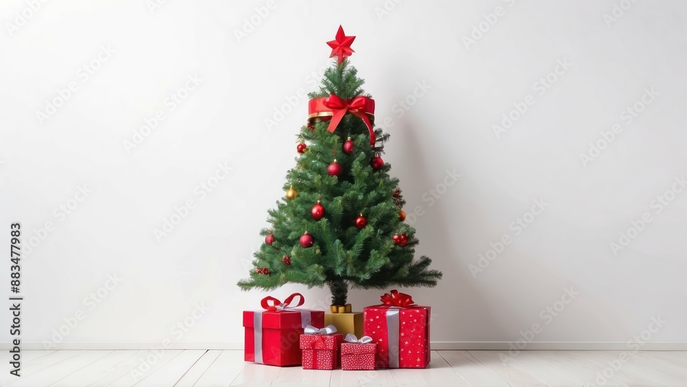 Christmas tree with red decorations and gifts on a white background Christmas tree with red decorations and gifts on a white background