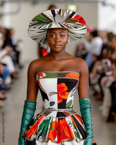 Extraordinary Fashion Show Moment Stunning Model Struts Down the Catwalk in an Elegant and Dramatic Ensemble, Captivating the Audience with Innovative Design and Sophistication Brainstorming Magazine 