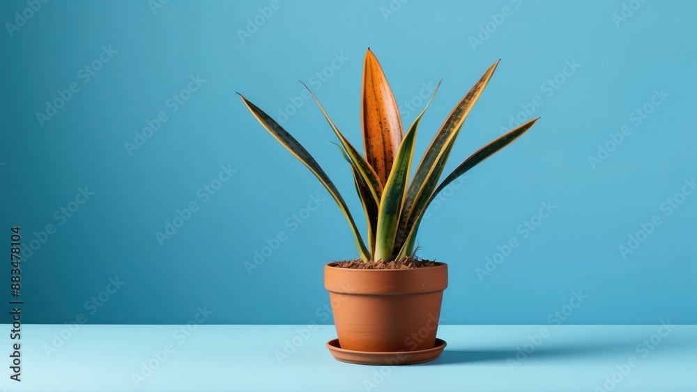 Snake plant in terracotta pot against blue background, perfect for modern and tranquil decor Snake plant in terracotta pot against blue background, perfect for modern and tranquil decor