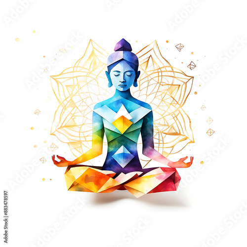 Figur junge Frau meditiert in Lotussitz Position , wie Yoga, Achtsamkeit Übung in bunten Farben mit goldenen Symbolen Ausgeglichenheit innerer Frieden Ruhe work-life-balance spirituelle Konzentration photo