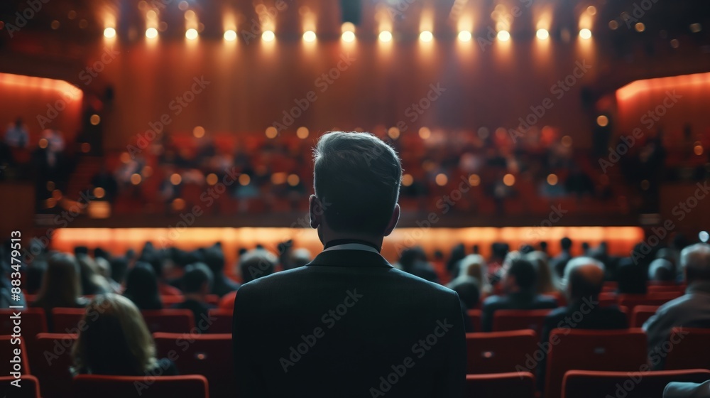 A person is standing and facing the audience in a dimly lit theater or conference hall with red seats and warm lighting. A person is standing and facing the audience in a dimly lit theater or conference hall with red seats and warm lighting.