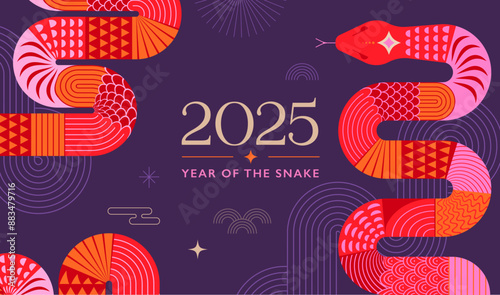 Chinese new year 2025 year of the Snake. Red Snake illustration and design. Red traditional Chinese vector designs with snakes. Lunar new year concept, geometric modern design