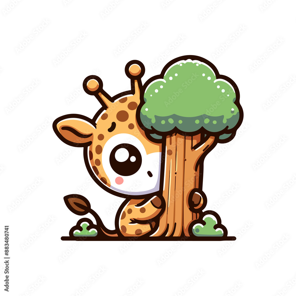 cute giraffe hiding behind a tree icon character cute giraffe hiding behind a tree icon character