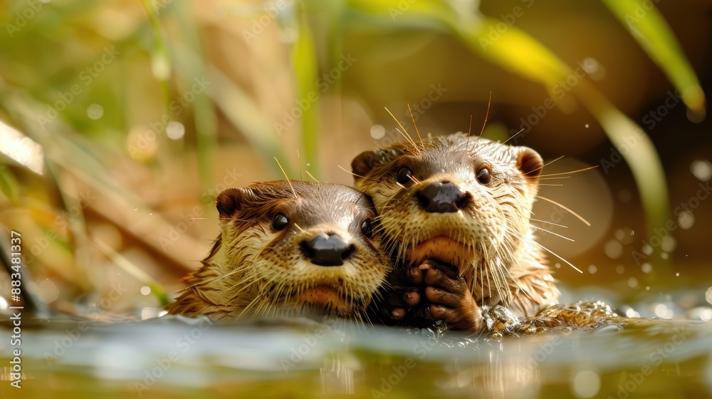 In this heartwarming scene, two otters are holding each other tenderly in the water, their expressions calm and fond, surrounded by hints of natural greenery. In this heartwarming scene, two otters are holding each other tenderly in the water, their expressions calm and fond, surrounded by hints of natural greenery.