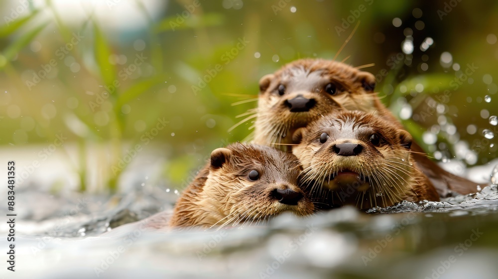 Three otters are swimming together in a tranquil river habitat, showcasing a harmonious connection with each other and their serene, natural surroundings, reflecting wildlife beauty. Three otters are swimming together in a tranquil river habitat, showcasing a harmonious connection with each other and their serene, natural surroundings, reflecting wildlife beauty.