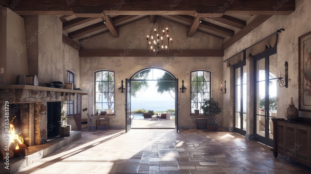 The grand hall of a Mediterranean villa, with a large stone fireplace, high beamed ceilings, and doors opening to a patio overlooking the sea