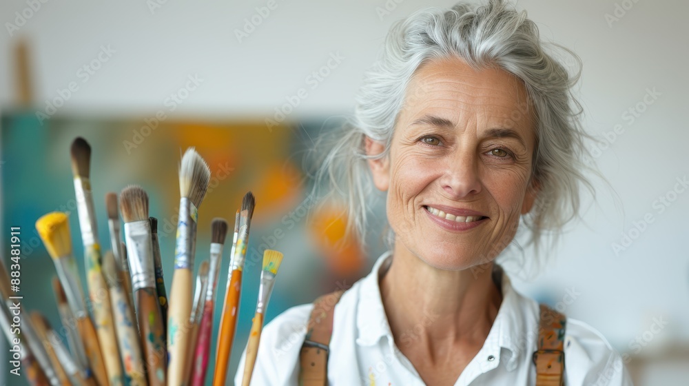 An older woman artist, with a content expression, peacefully holds up a handful of paintbrushes in her art studio, reflecting fulfillment and creativity. An older woman artist, with a content expression, peacefully holds up a handful of paintbrushes in her art studio, reflecting fulfillment and creativity.