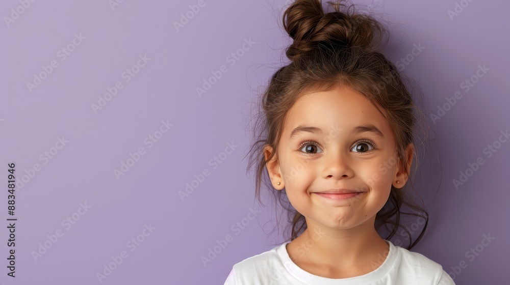 A delightful young girl with a top bun hairstyle, smiling brightly against a purple background, encapsulating innocence and happiness in a simple yet powerful way. A delightful young girl with a top bun hairstyle, smiling brightly against a purple background, encapsulating innocence and happiness in a simple yet powerful way.