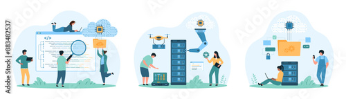 Code development, software for database and hosting service set. Tiny people with magnifying glass and robotic arm work with hardware, repair programs of server system cartoon vector illustration