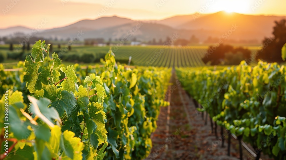 Fototapeta premium The vast vineyard, drenched in the golden sunlight, spans out towards distant mountains, capturing the essence of serene agricultural beauty and the harmony of nature.