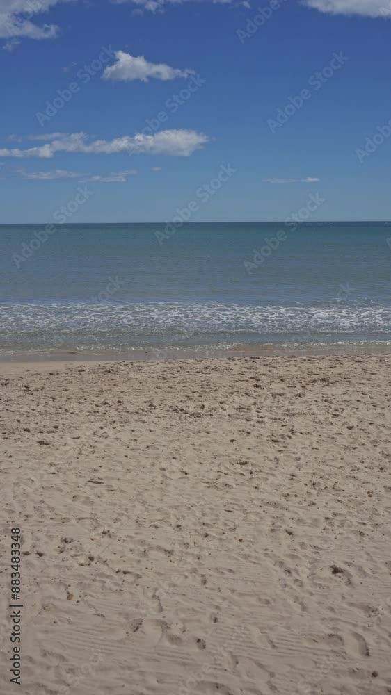 Tranquil beach with pristine shoreline and clear blue sky, ideal for relaxation and summer scenes.